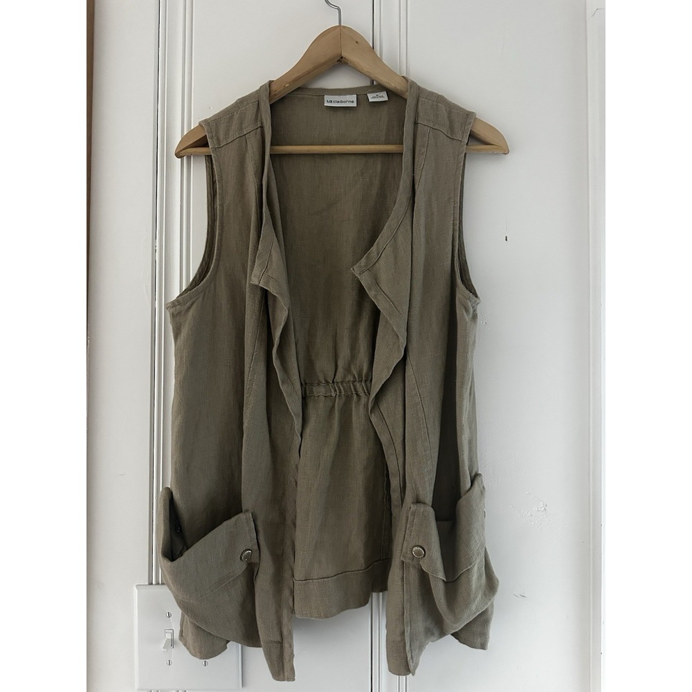 Liz Claiborne Womens Vest Linen Open Front Khaki Neutral Safari Boho Military M